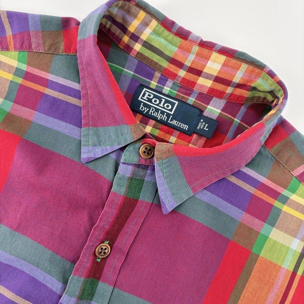Polo Ralph Lauren Men's L Multicolor Plaid Madras Short Sleeve Shirt
